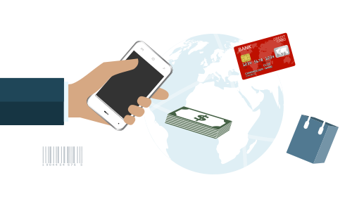 illustration of ways to make payments - hand holding a cell phone, cash, debit or credit card